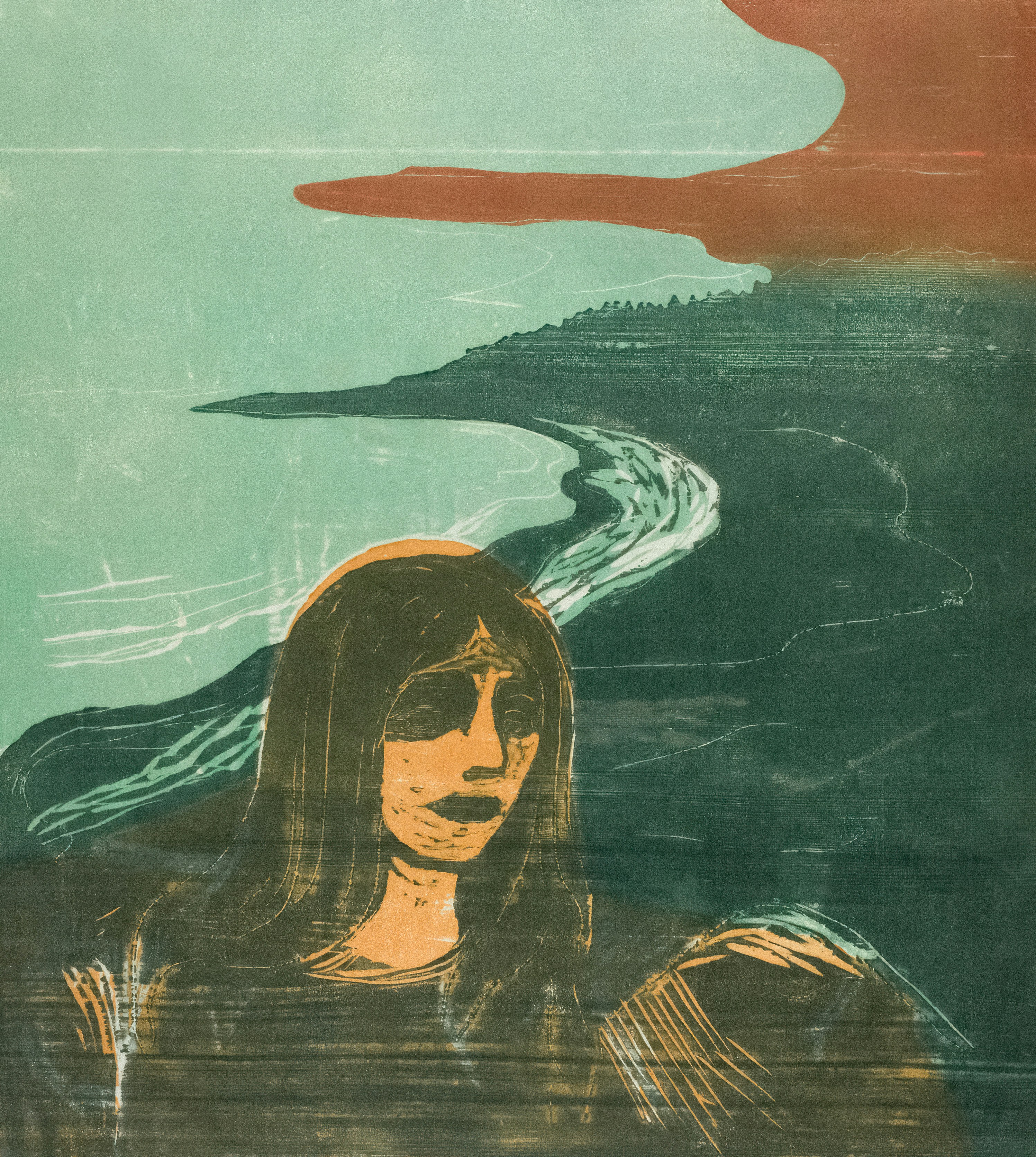 A painting of a woman with long hair