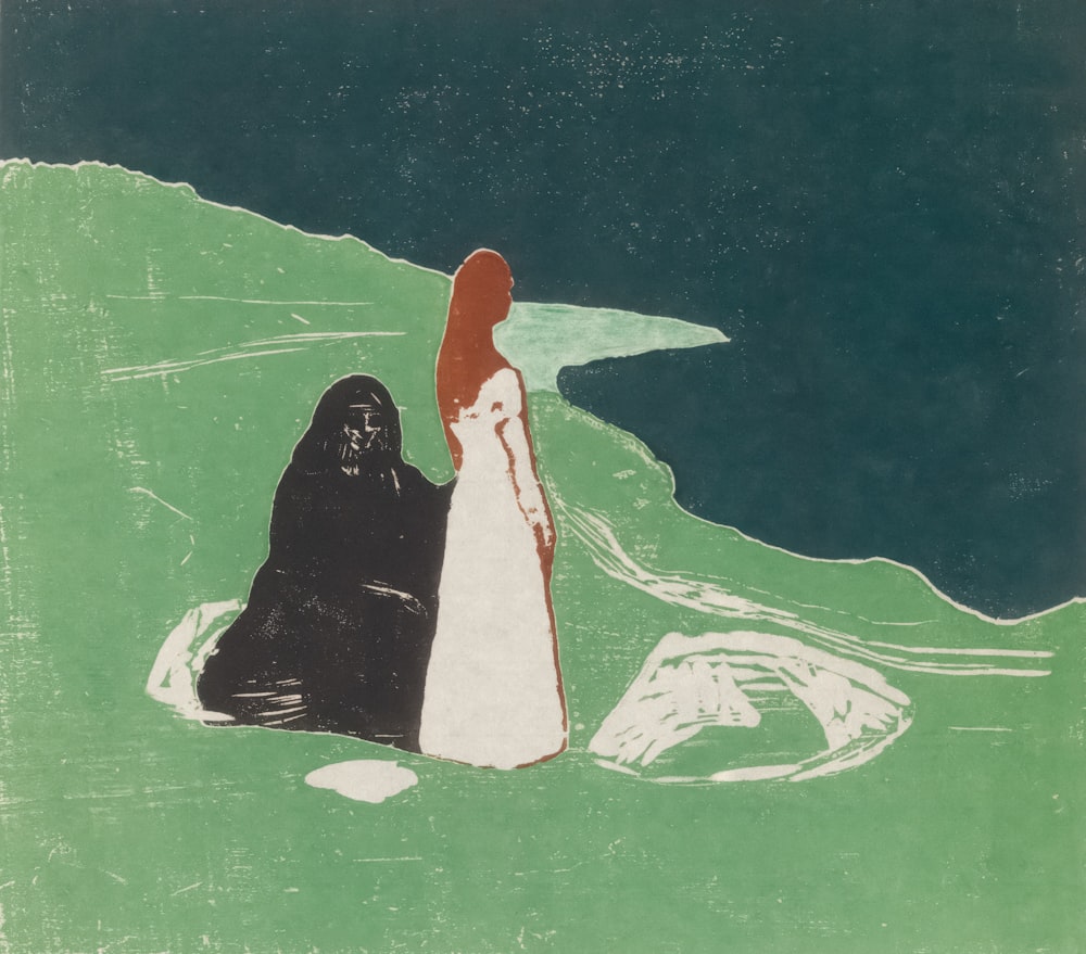 a painting of two people sitting on a hill