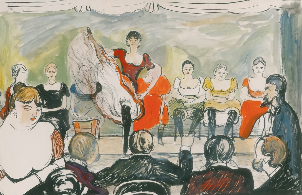 a drawing of a group of people sitting around a table
