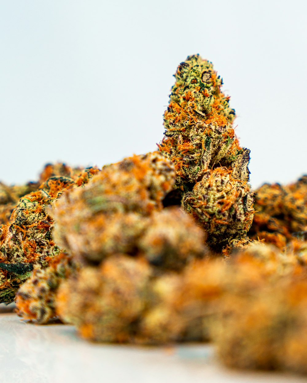 a pile of orange weed sitting on top of a white table