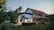 A two-story house with an arched entrance and a red tiled roof, surrounded by lush greenery and tall palm trees. A vintage scooter and an old green Land Rover are parked nearby. Warm interior lights illuminate the house, creating a cozy atmosphere.