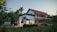 A two-story house with an arched entrance and a red tiled roof, surrounded by lush greenery and tall palm trees. A vintage scooter and an old green Land Rover are parked nearby. Warm interior lights illuminate the house, creating a cozy atmosphere.