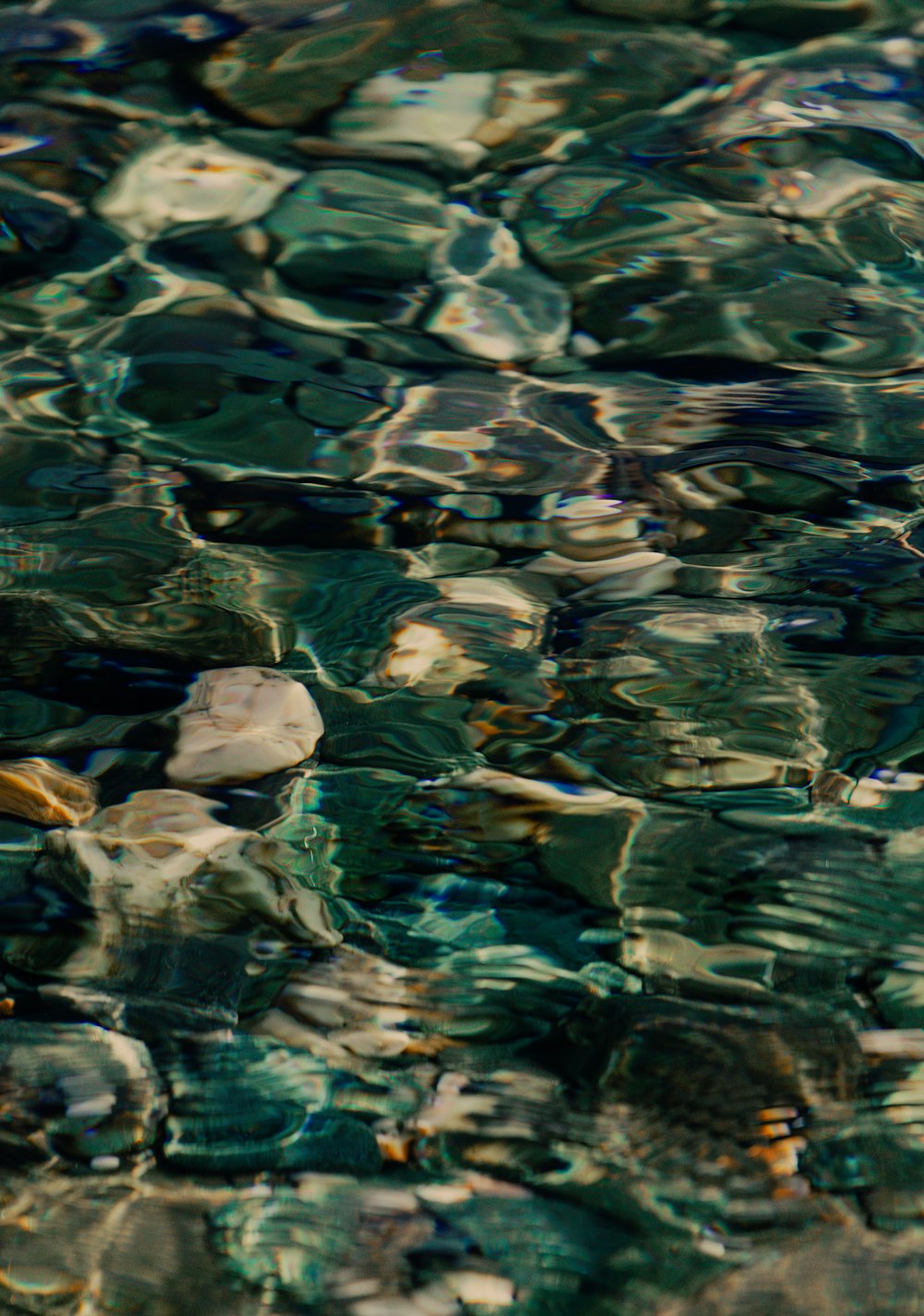 um close up de um corpo de água com pedras nele