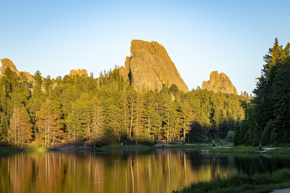 a body of water surrounded by trees and mountains