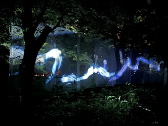 A dark forest setting illuminated by a wave-like, flowing light installation in blue and white tones. Trees with dense foliage create a natural frame, while the illuminated path adds a mystical and technological ambiance.