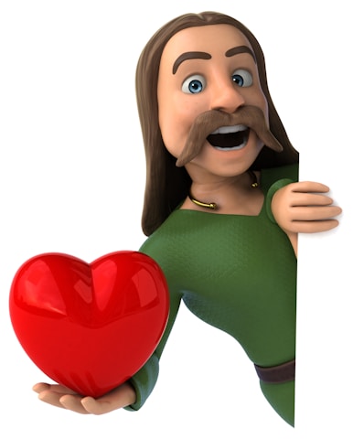 Animated character with long hair, a mustache, and a green shirt, holding a large red heart and peeking from behind a white wall.
