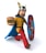 A cartoon-style character dressed as a Viking, wearing a helmet with wings and a blue cape. The character holds a hamburger in one hand and a shield decorated with red and blue patterns in the other. The character has long brown hair and a mustache, and is wearing a yellow tunic and red plaid pants. The scene conveys a humorous and whimsical atmosphere.