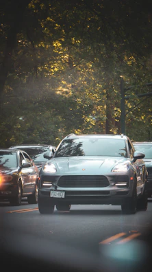 A silver SUV is driving on a two-lane road with several cars in close proximity, suggesting heavy traffic. The scene is set in a wooded area with dense green trees lining the road, and the lighting gives a warm, natural ambiance.