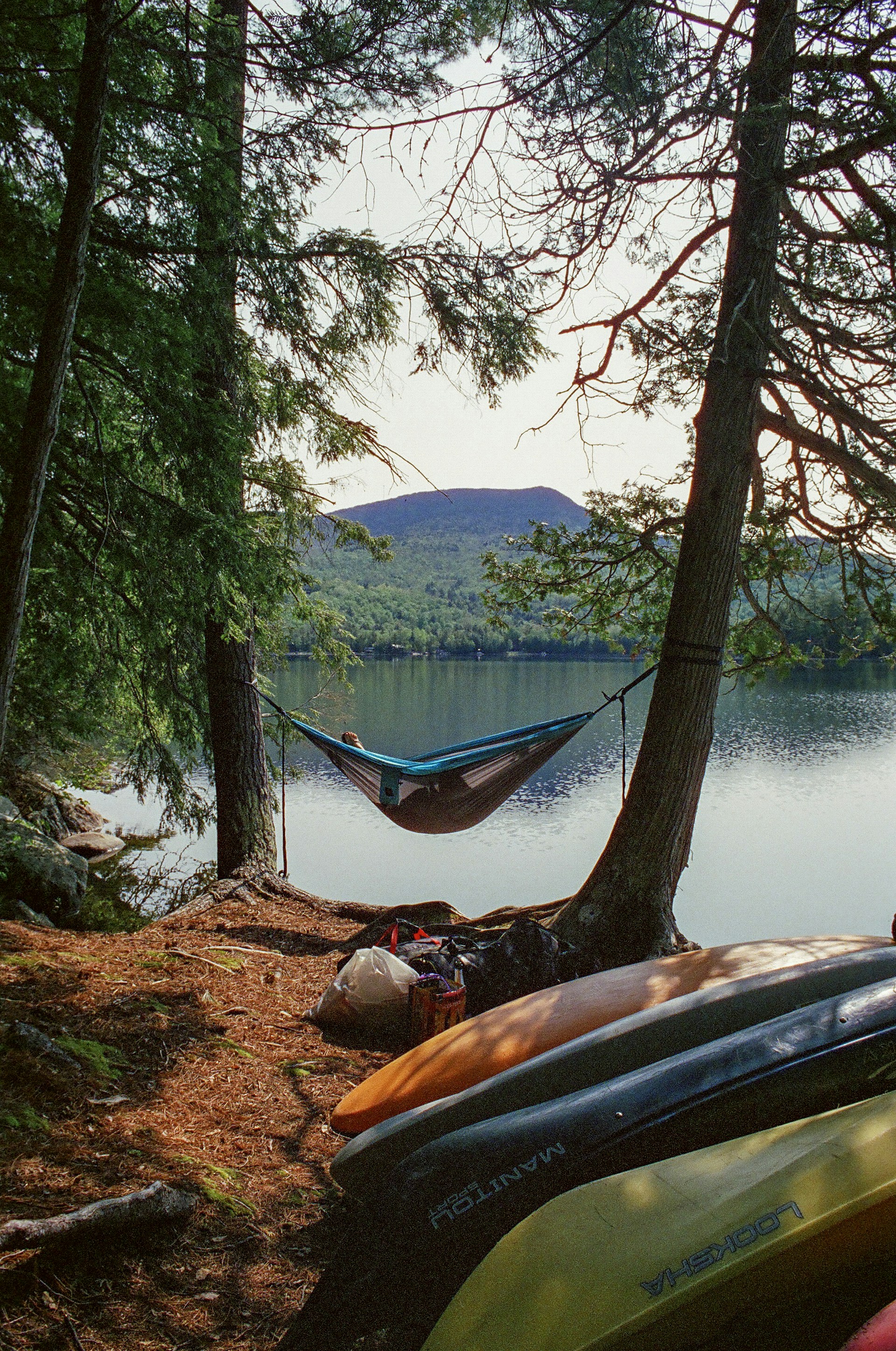 A peaceful lakeside spot with a hammock tied between two trees, perfect for letting go.