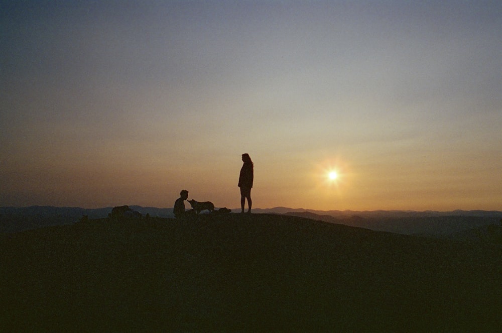 a person standing on top of a hill next to a dog