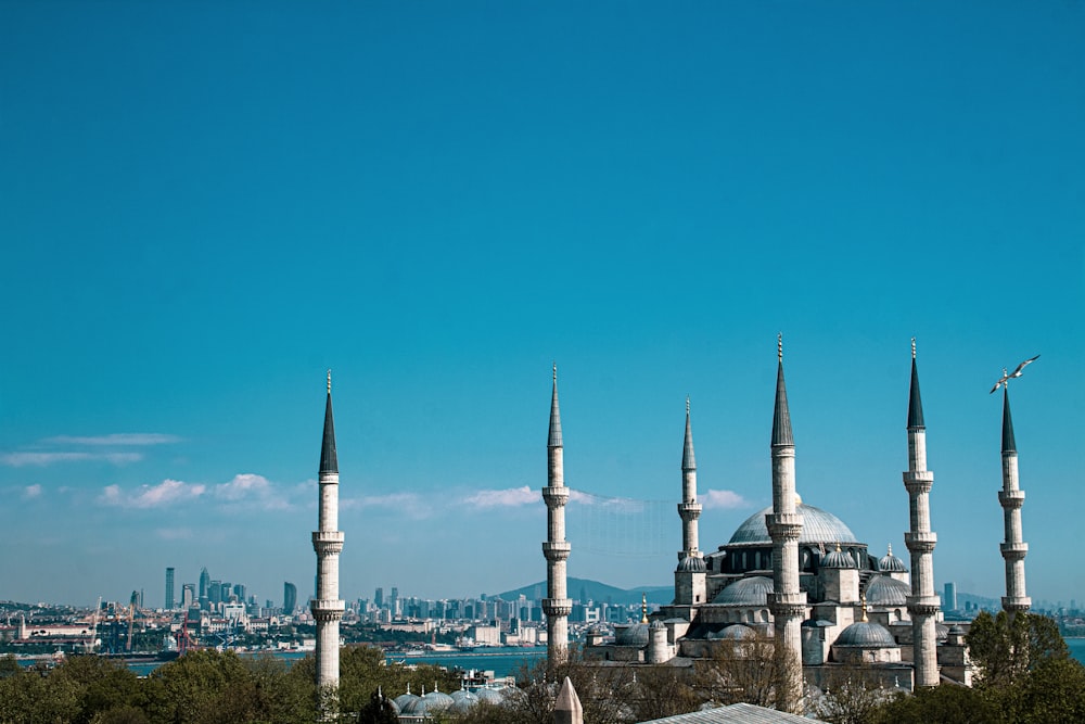 a view of a large building with many spires