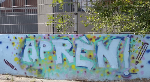 A colorful graffiti mural on a wall with the word 'APREN!' in large, bold letters. Surrounding the text are colorful spray paint dots in hues of blue, yellow, purple, and green. There are pencil illustrations on either side of the text, emphasizing a learning theme. Behind the wall is a metal fence and some greenery.