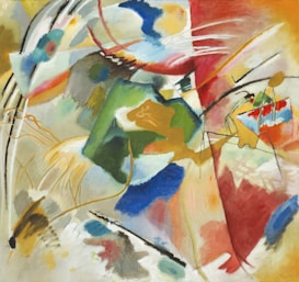 An abstract painting featuring an array of shapes and colors. The composition includes curved and angular lines, patches of vibrant hues including green, red, blue, and yellow, and a mix of smooth and jagged edges. There is no discernible subject, lending it an emotive and expressive quality.
