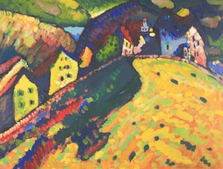 A vibrant abstract landscape painting featuring a series of colorful, geometric shapes resembling houses on a hillside. The use of bold colors and brushstrokes creates a sense of movement and dynamism, with a contrast between the green and yellow tones of the hill and the blue and red hues of the structures.