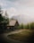 A rustic wooden cabin is nestled in a serene mountainous landscape, surrounded by lush green trees. The mountains in the background are partially covered with snow, and the sky above is filled with soft, fluffy clouds.