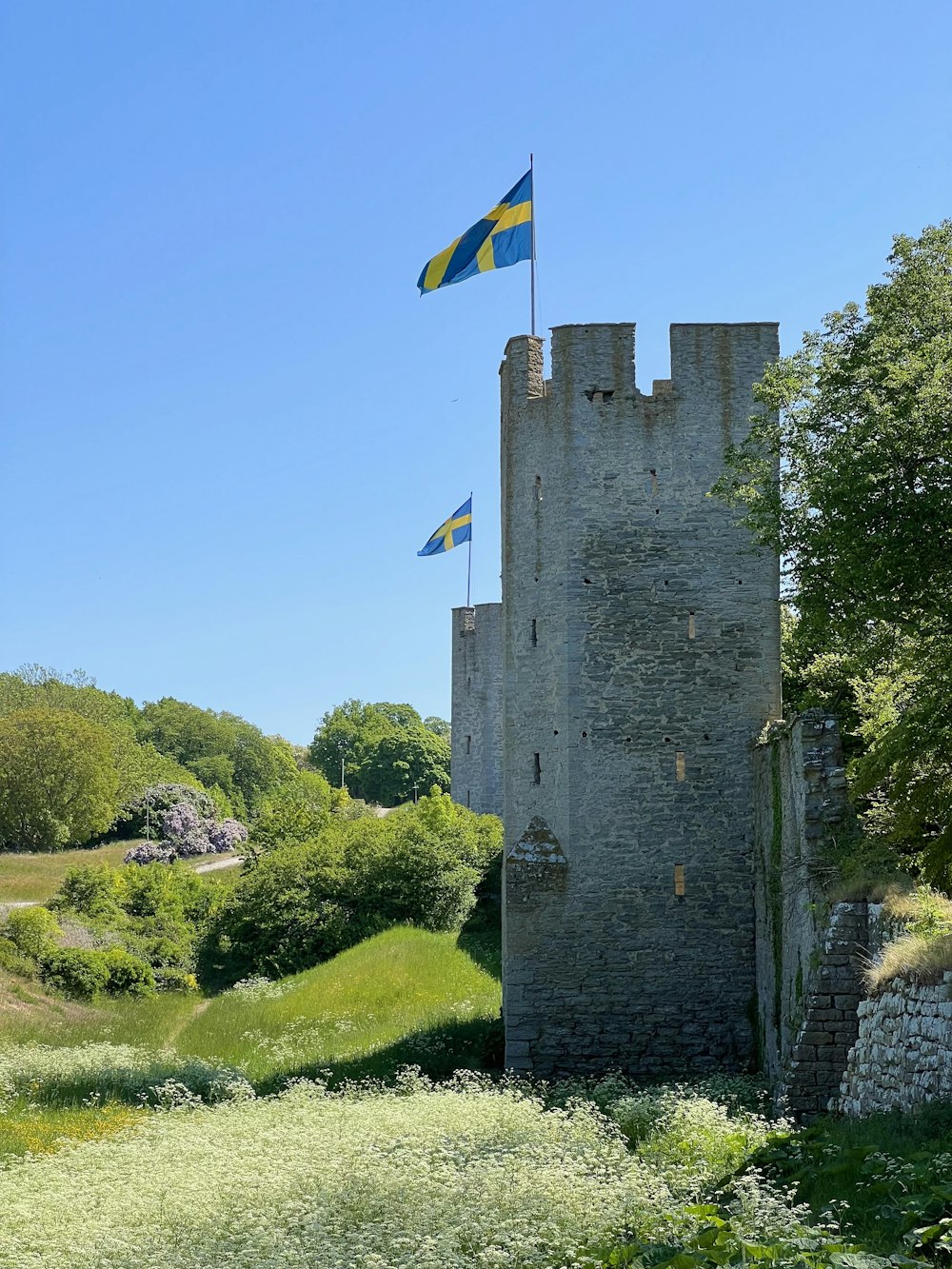 Un château surmonté de deux drapeaux