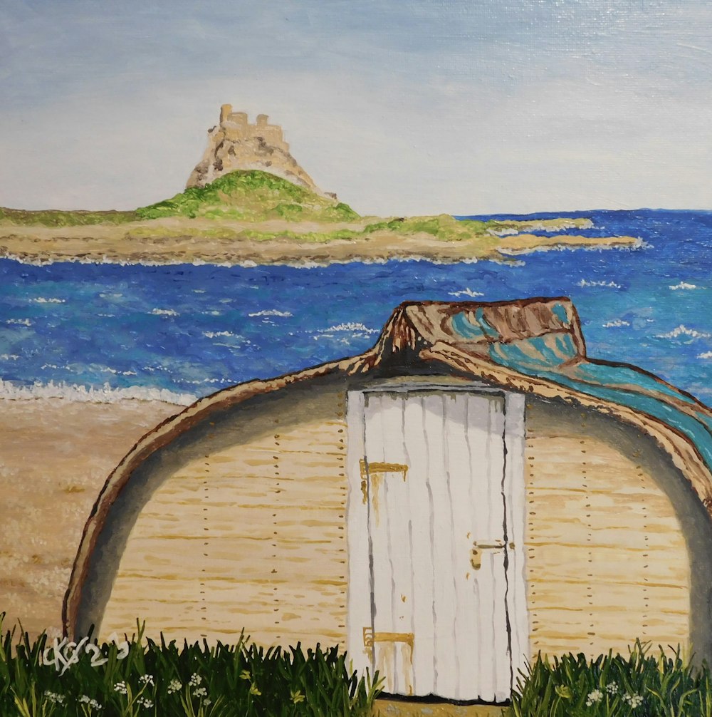 a painting of a beach hut with a white door