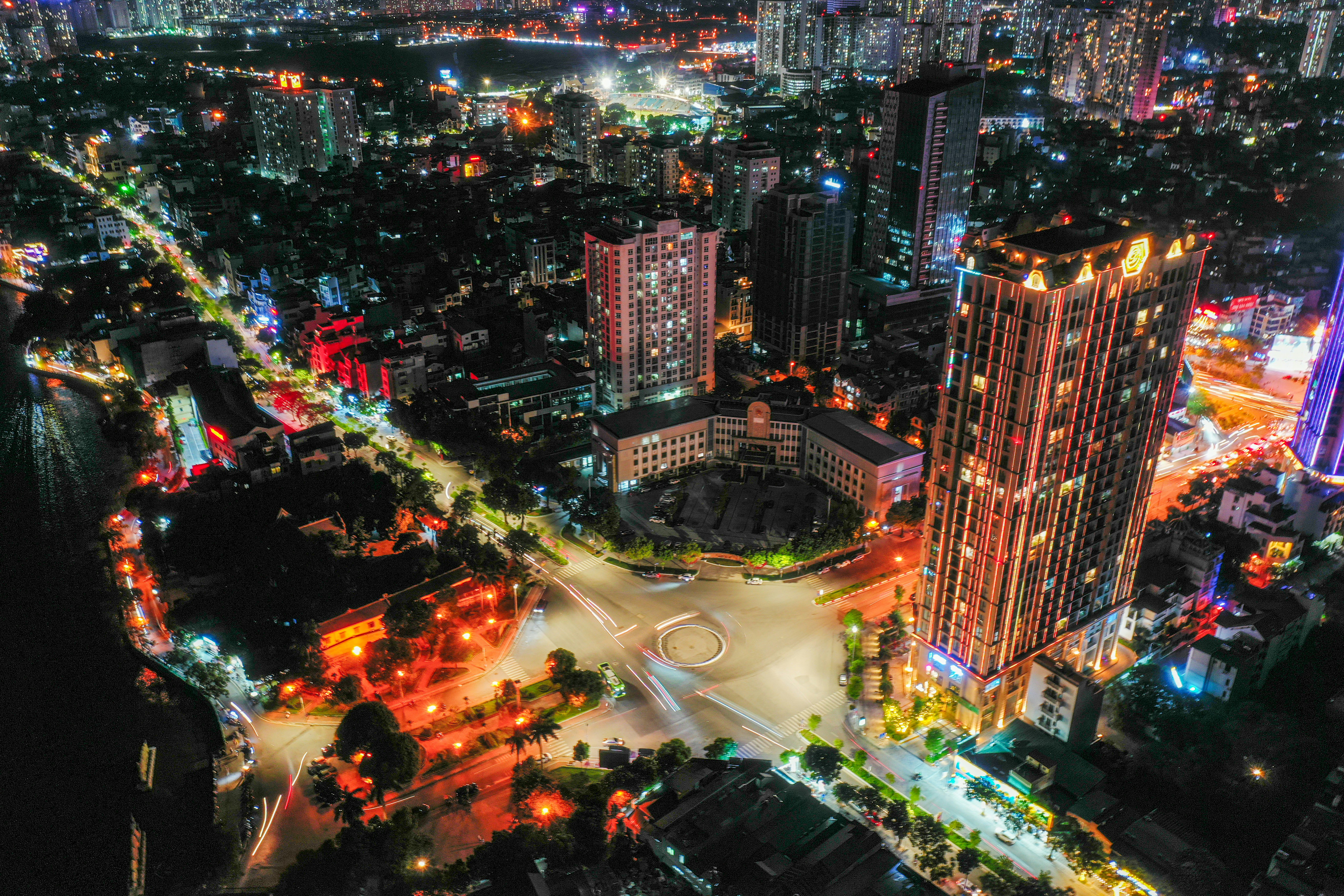 An aerial view of a city at night