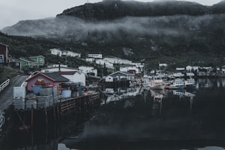 A serene coastal village at dawn, with soft light illuminating weathered stone cottages and calm sea.