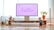 A tidy and modern workspace showcasing a large computer monitor with 'hello' in pink on the screen. The desk setup includes a laptop, smartphone, smart speaker, houseplant, and various small figurines. The overall arrangement is minimalist, with warm natural light streaming in, creating a cozy ambiance.