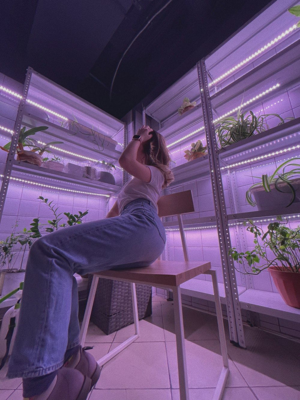 a woman sitting on a chair in front of a shelf of plants