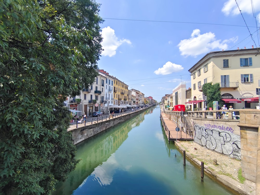 a river running through a city next to tall buildings