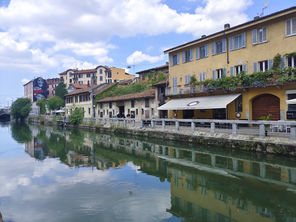 a river running through a city next to tall buildings