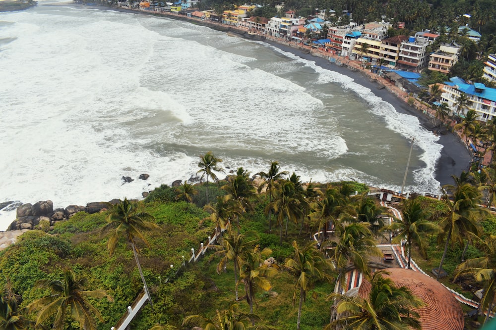 an aerial view of a beach with houses on the shore