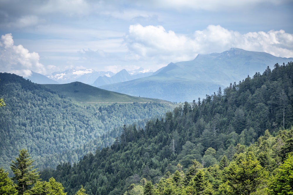 a view of a mountain range with trees and mountains in the background