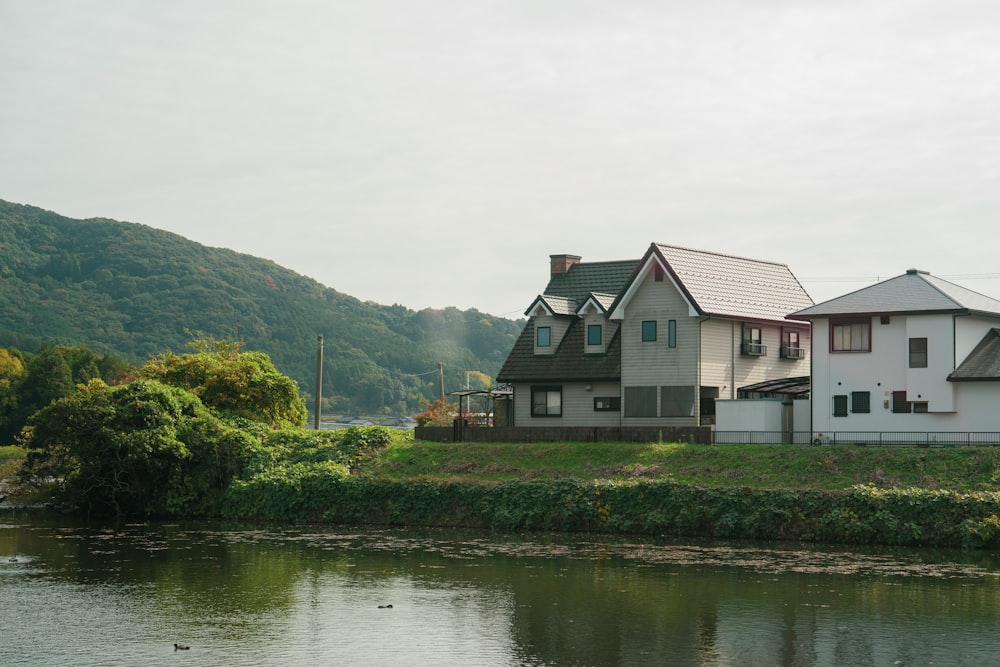 a couple of houses sitting on top of a lush green hillside