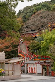 A scenic view of a traditional Japanese shrine with vibrant red and green railings ascending a steep staircase surrounded by lush greenery and colorful autumn foliage. A few people are climbing the stairs, and the architecture and natural setting create a serene and culturally rich atmosphere.
