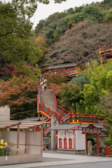 A scenic view of a traditional Japanese shrine with vibrant red and green railings ascending a steep staircase surrounded by lush greenery and colorful autumn foliage. A few people are climbing the stairs, and the architecture and natural setting create a serene and culturally rich atmosphere.