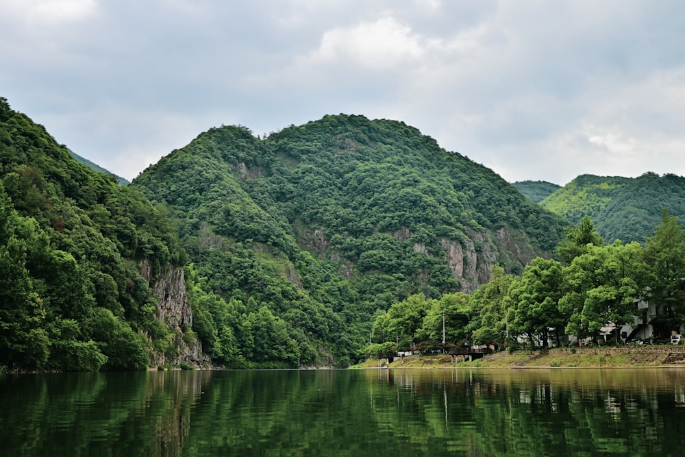 a body of water surrounded by mountains and trees