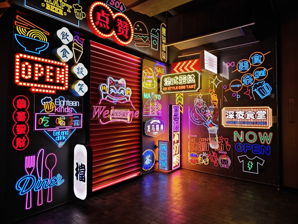 a room with neon signs and neon lights