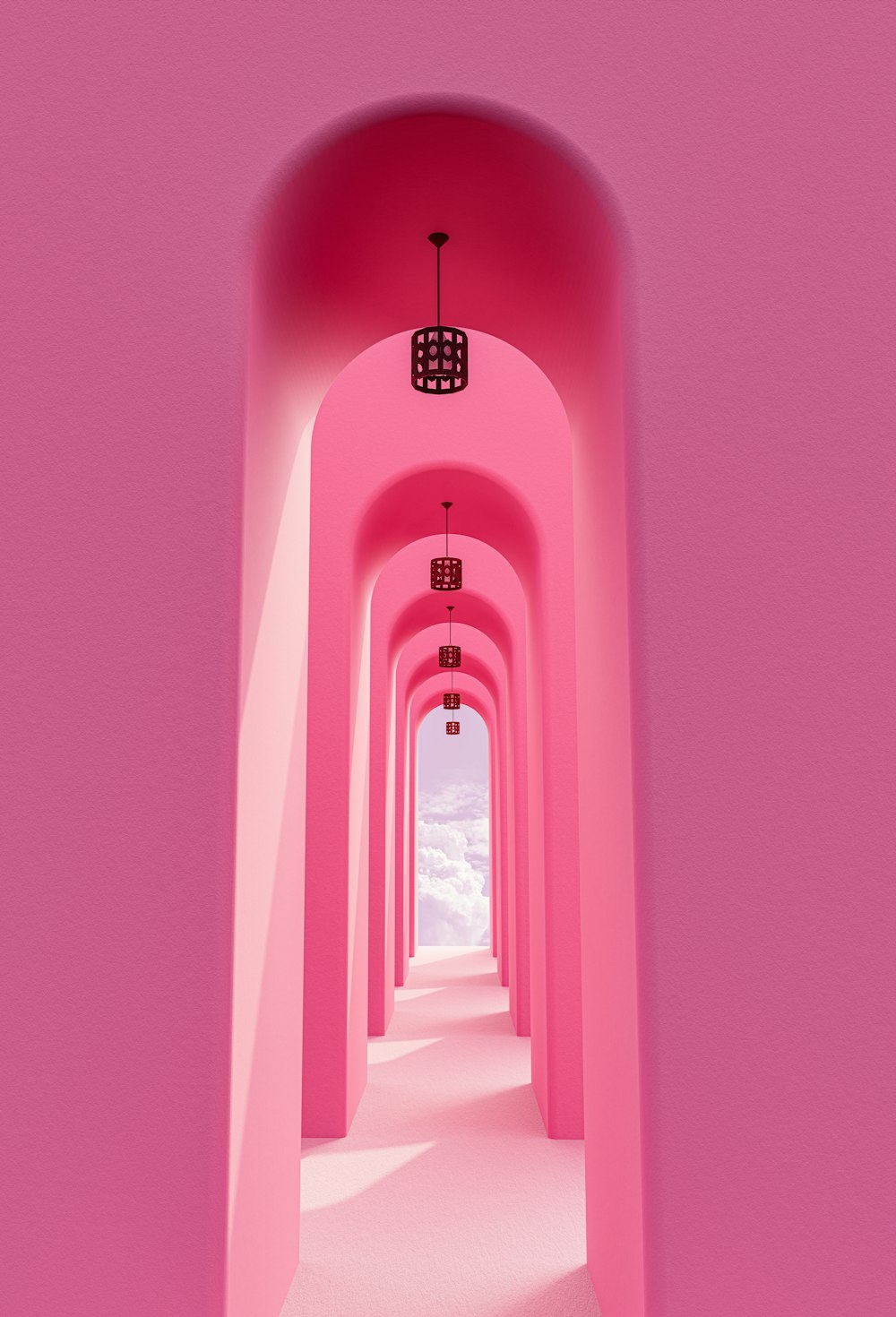 Un tunnel rose avec une lumière au bout
