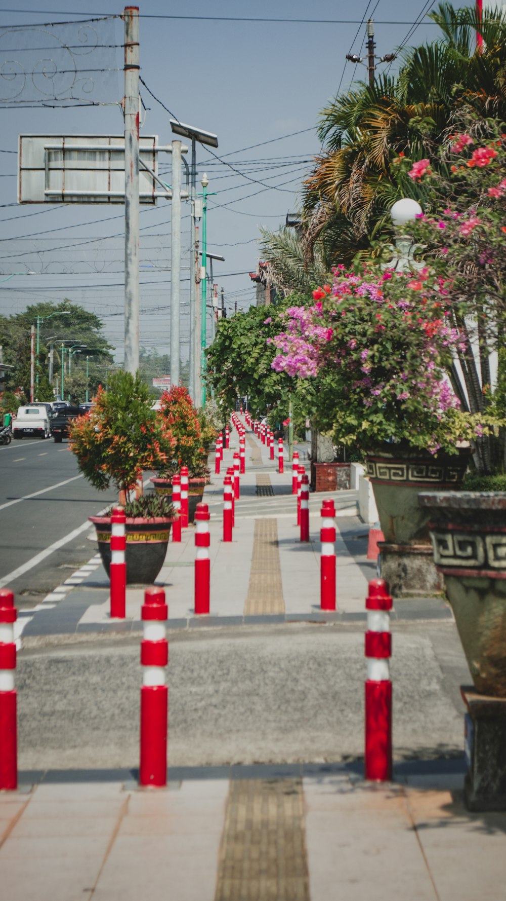 a street lined with potted plants and red and white striped poles