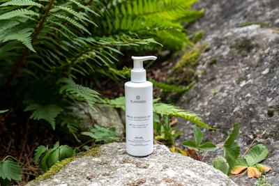 A bottle of skincare gel by Plantea is placed outdoors on a mossy rock. Surrounding the bottle, there are lush green ferns and small plants, contributing to a natural and organic aesthetic. The setting includes additional rocks, enhancing the earthy environment.