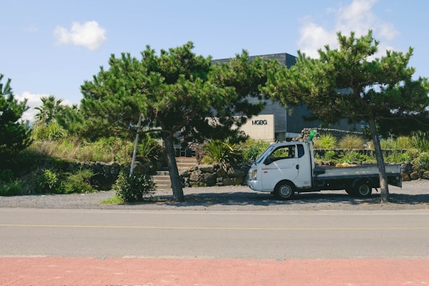 A friendly bookkeeper reviewing invoices beside a semi-truck in a sunny truck yard.