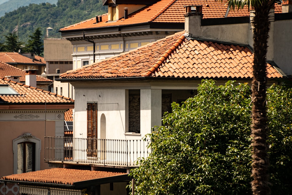 a row of houses with a mountain in the background