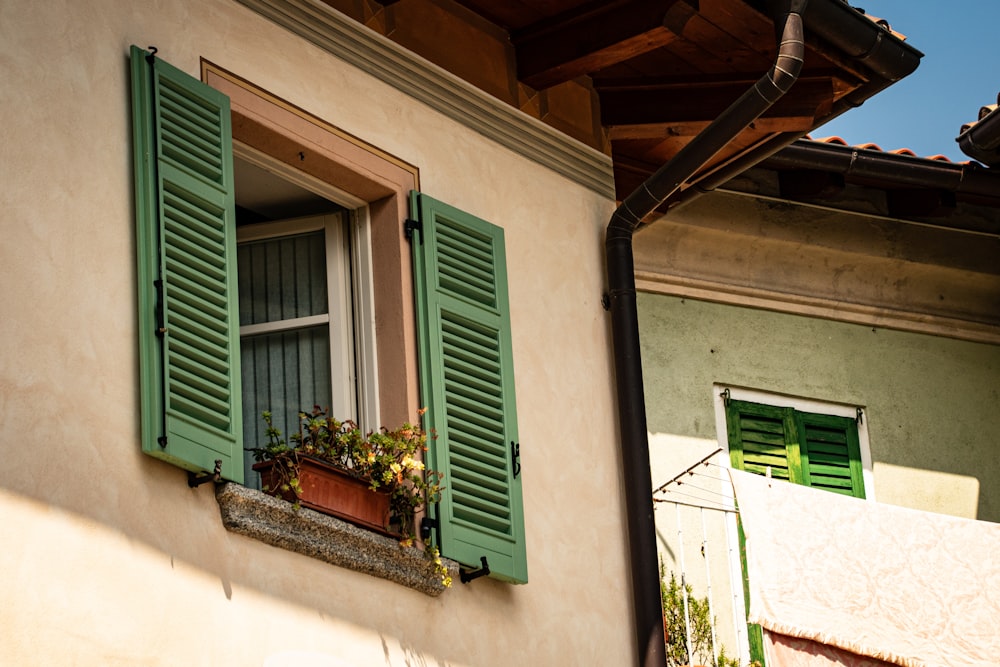 a window with green shutters and a potted plant