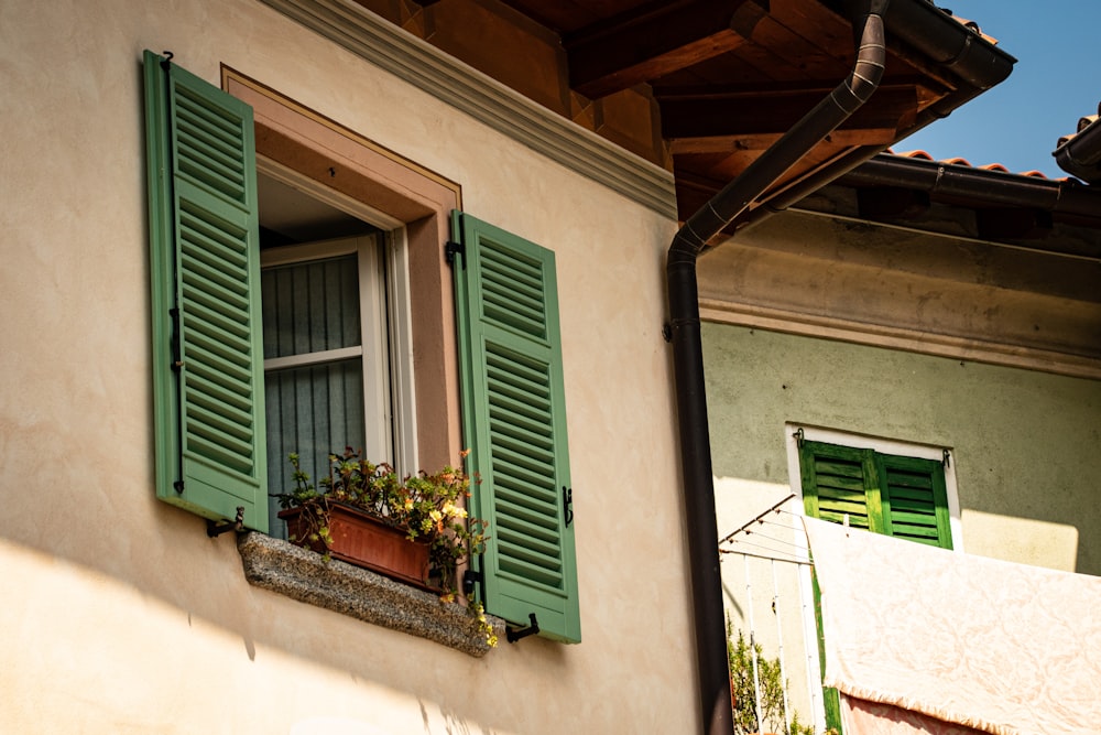 ein Fenster mit grünen Fensterläden und einer Topfpflanze