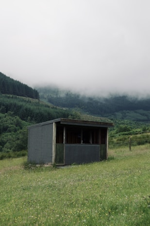 A small, simple shelter is situated in a lush, grassy meadow. In the background, there are densely forested hills partially shrouded in mist, giving the scene a serene and slightly mysterious atmosphere. The shelter appears modest with a flat roof and a combination of wood and concrete materials.