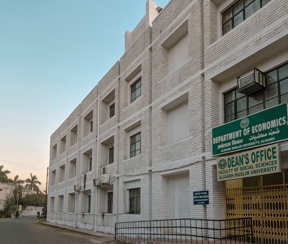 a street sign in front of a white building