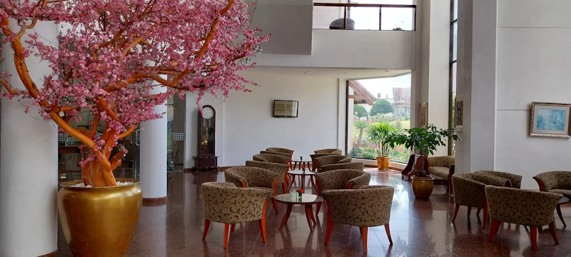 A double-height lobby with armchairs gathered beneath a flowering tree