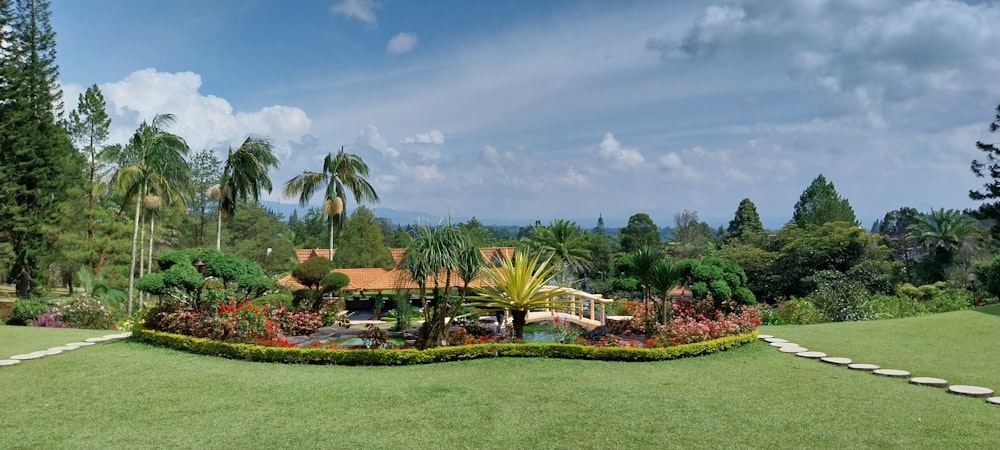 a lush green field with a pond surrounded by trees