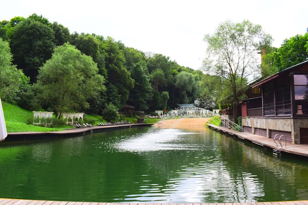 A serene lakeside scene surrounded by lush green trees. The water is calm and has a deep green hue, reflecting the dense forest. To the right, there's a wooden dock attached to a rustic building with large windows. Lounge chairs and canopied sunbeds line the shore, suggesting a relaxing atmosphere. At the far end, there is a sandy beach area with more vegetation in the background.