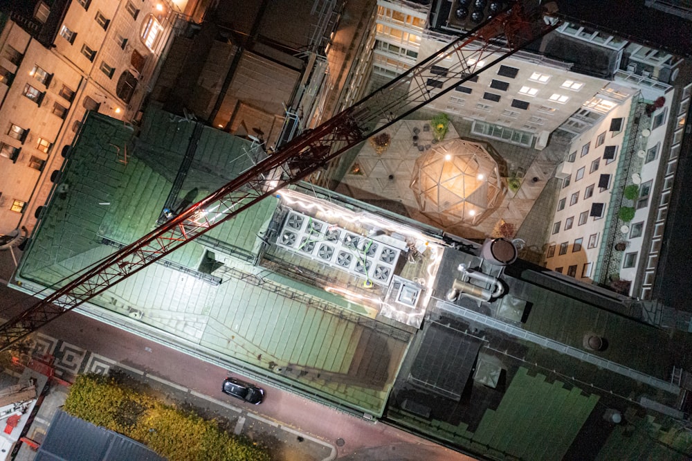 an aerial view of a city at night