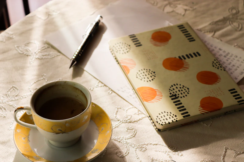 A cup of coffee and an open tasting notebook on a table, comparing two processes side by side
