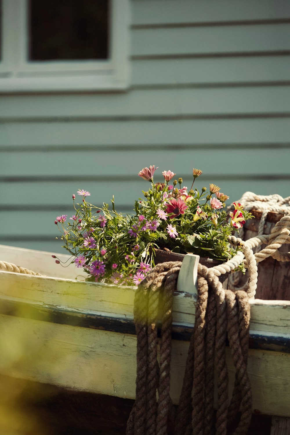 a boat with a rope and flowers in it