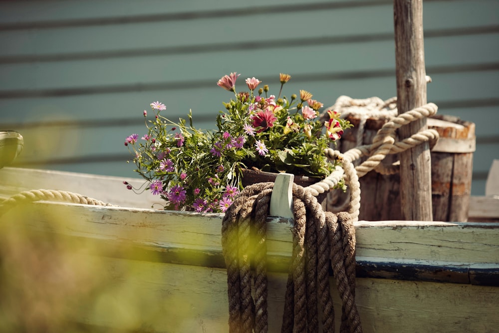 a close up of a boat with flowers in it